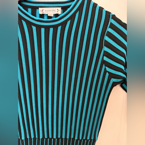 Nanette Lepore Teal & Black Vertical Stripes Mid Century Mod Cocktail Knit Dress - Picture 4 of 10
